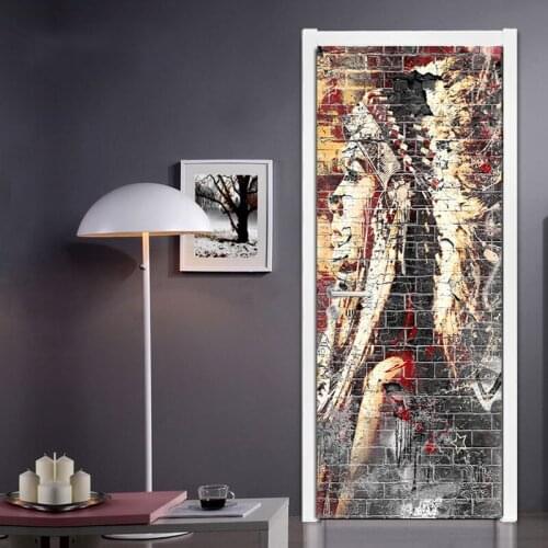 Retro Tribe Beauty Brick Door Sticker for Bedroom Living Room Waterproof PVC Self-adhesive 3D Wall Poster Mural Home Decoration