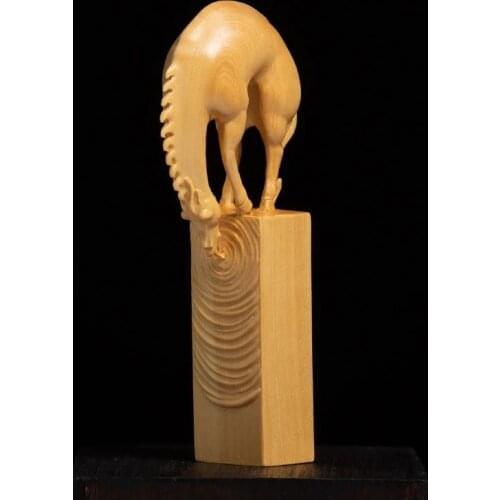 Boxwood Wood 10cm Horse Seal Sculpture Lucky Animal Zodiac Animal Stamp Wood Statue Horse Drinking Water Home Decor
