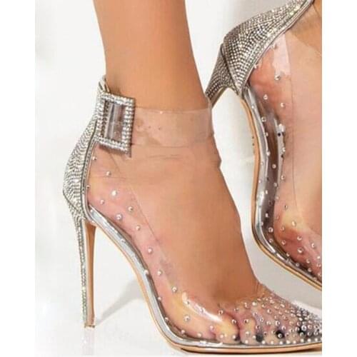 Ladies Bling Rhinestone Pointed Toe Clear PVC Stiletto Heel Pumps Transparent Ankle Strap Crystal Buckle Wedding High Heel Shoes