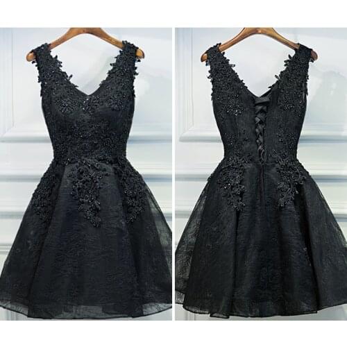 Evening dress black short design the banquet dress one-piece dress V-neck plus size women short evening dresses