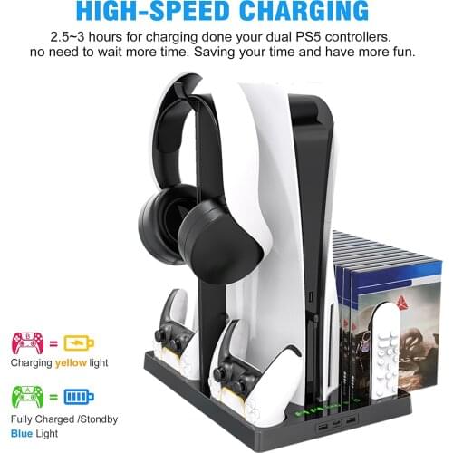 For PS5 Dual Controller Charger Console Vertical Cooling Stand Fast Charging Station LED Fan For SONY Playstation5 Disc/Digital