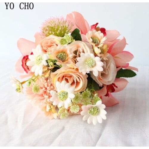 YO CHO High Grade Pink Color Rose Wedding Bridal Bouquets Artificail Orchid Flower Bouquets Decorative Flower Bouquets for Home