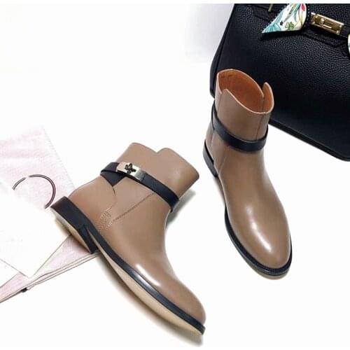 Ankle Boots Buckle Decor Women Boots Genuine Leather High Quality Shoe Classic Designer Slip on Luxury Brand Design Women Shoes