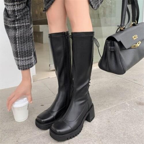 PXELENA Genuine Leather Stretch Knee High Boots Women Chunky Block Heels Back Lace Up Zip Riding Knight Long Boots 2021 Fall NEW