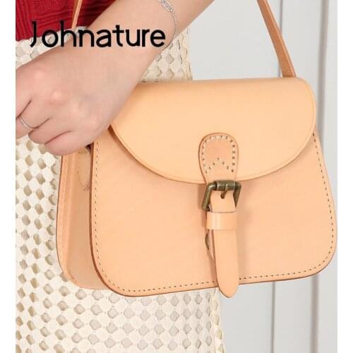 Johnature Retro Genuine Leather Women Shoulder Bags 2021 New Nature First Layer Cowhide Saddle Bag Versatile Messenger Bags