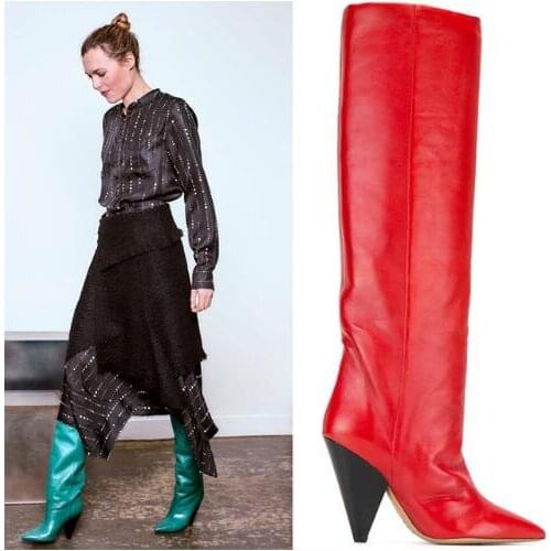 2021 Fashion Woman Knee High Boots Pointed Toe Spike Heel Female Rain Boots Solid Slip On Shoes