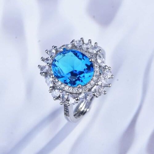 925 Silver Shiny Big Carat Blue Crystal Ring Imitation Natural Swiss Top Luxury Full Diamond High Quality For Women Fine Jewelry