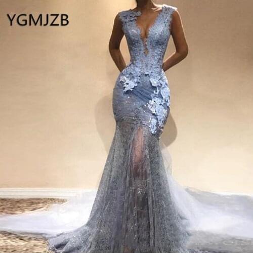 Abendkleider 2019 Sexy Lace Evening Dresses Long Mermaid Deep V-neck See Through Saudi Arabic Women Formal Prom Gown Party Dress