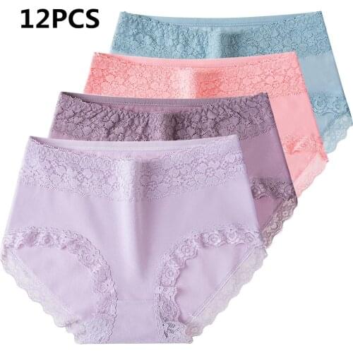 12 PCS Cotton Womens Mid-Rise Underwear Cute Sexy Comfortable Soft Lace Panties Seamless Girl Briefs Flingerie Large Size