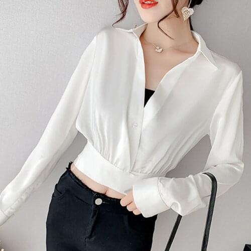 2021 Sexy White Cropped Blouse Women Summer Korean Fashion Long Sleeve Shirt Ladies Unique Design V-Neck Slim Women Blouse