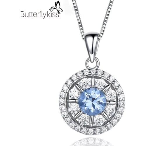 BK Women Round Zircon Pendant Necklace 925 Sterling Silver Box Chain Blue Purple Rose Gemstone Wedding Engagement Fine Jewelry