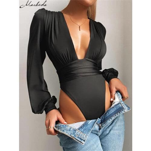 Macheda Autumn Solid Sexy Bodysuit Women Long Sleeve Deep V Neck Fashion Clothing Lady Casual Slim Body Suits 2020 New