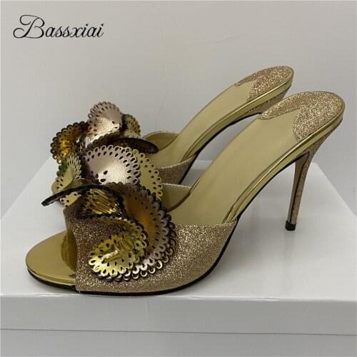 Pleated Ruffles Flower Party Sandals Women Summer 10cm Thin High Heels Sexy Open Toe Slingbacks Bling Sequins Sandalias