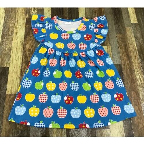 Boutique girl back to school lovely apple pattern blue pearl dress