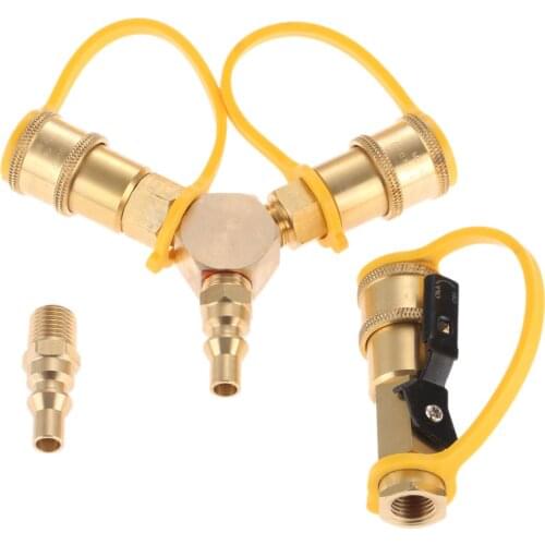 1/4'' RV Propane Quick Connect Y Splitter Adapter Shutoff Valve & Full Flow Male Plug For Gas Grill, Fire Pit Gas Stoves