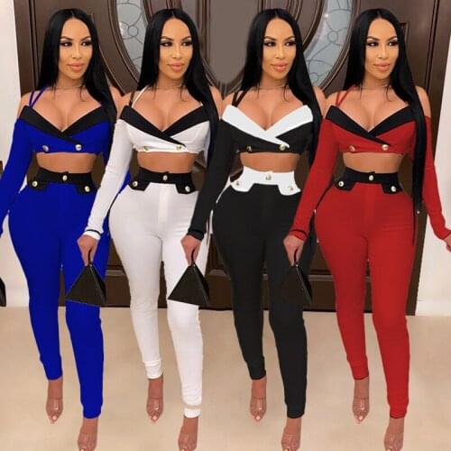 Color Patchwork Plus Size S-4XL Two Piece Set Spaghetti Strap Slash Neck Crop Tops with Button Pencil Pants Office Lady Wear