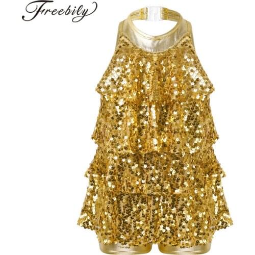 Kids Girls Halter Shiny Sequins Shorty Unitard Dress Children Modern Jazz Dance Ballet Dance Dancewear Latin Dancing Costumes