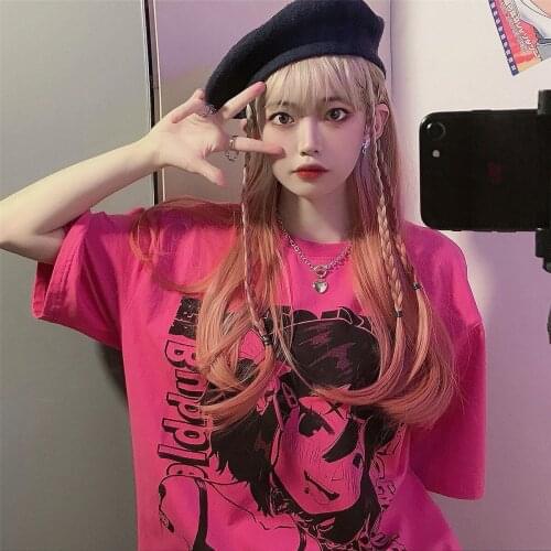 Summer 2021 New Loose Size Cartoon Cute Girl T-shirt Korean Style Kawaii Top T-Shirts 90s Aesthetic Gothic Woman Clothing