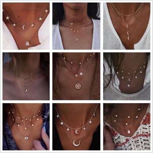 HuaTang Vintage Crystal Star Pendant Necklace for Women Multi-layer Gold Color Moon Choker Necklaces Charmings Jewelry Collares