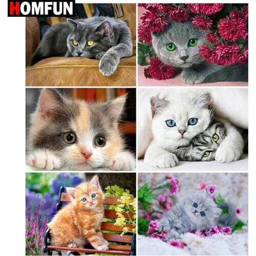 HOMFUN Paint With Diamond Embroidery "Cat flower animal" Diamond Painting Full Square Round Picture Of Rhinestone Decor