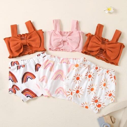 Infant Summer Clothing Outfits Newborn Baby Girls Knitted Vest Tops+Rainbow Print High Waist Shorts Cotton Casual Outfits