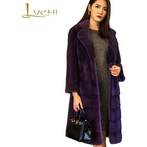 LVCHI Winter 2019 Imported Crown Swan Velvet Mink Womens Natural Fur Coat Purple Mink Coats Slim Wave Cut Medium Mink Fur Coats