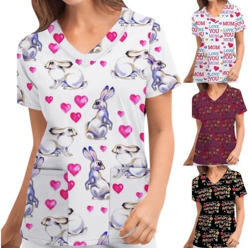 Hot Sale Medical Uniforms Women Plue Size Easter Print Casual Short Sleeve V-neck Pocket Summer Sexy Nurse Working Tops T-Shirt