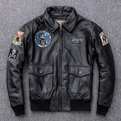 Men Genuine Leather A2 Pilot Jackets Top Quality Short Air Force Cowhide Bomber Jacket Vintage Classic Lapel Multiple Signs Coat