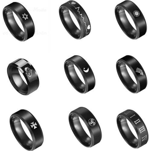 Akizoom 8mm Vintage Punk Black Mark Ring For Men Stainless Steel Band Rings Set Male Fashion Charm Jewelry Party Gift Anillos
