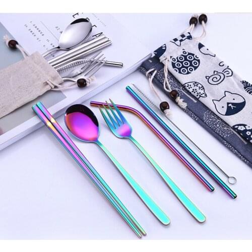 High Grade Stainless Steel Dinnerware Set Spoon Fork Chopsticks Straw With Cloth Pack Cutlery For Outdoor Office Picnic BBQ