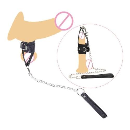 Leather Penis Sleeve Scrotum Bondage Ring With Metal Leashes Bdsm Male Delay Chastity Strap Cock Cage Ball Stretcher Gay Sex Toy