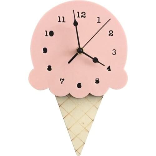 Nordic INS Style Ice Cream Sharped Wall Hanging Clock, Cartoon Silent, Non-Ticking Battery Powered for Children Bedroom