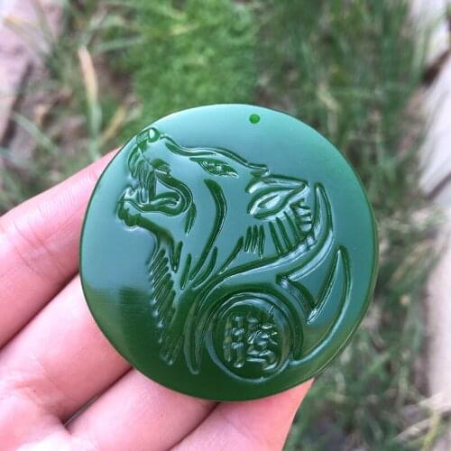 Natural Chinese HeTian Green Jasper Wolf Head Jade Pendant Beads Necklace Carved Fashion Charm Jewelry for Men Amulet Gifts