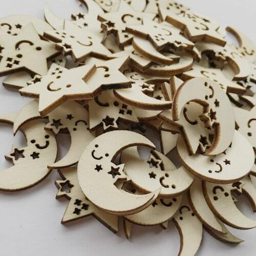 Unfinished Wood Beads Slices for Star Moon Shape for DIY Handmade Wooden Crafts Home Decoration Christmas Engraving Carving