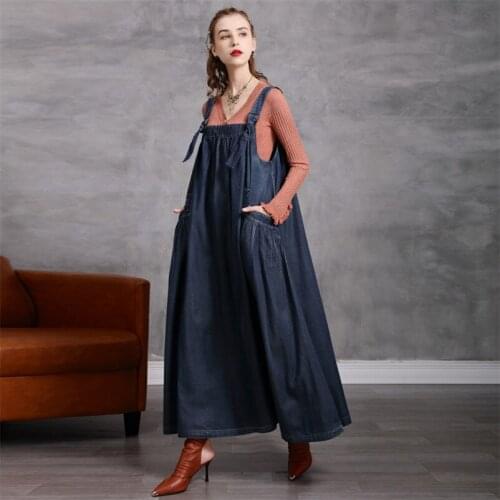 Autumn Spaghetti Strap Women Dress 2020 Vintage Loose Dress Woman Cotton Vestidos A-Line Strap Adjustable Girdle Dresses Q82271