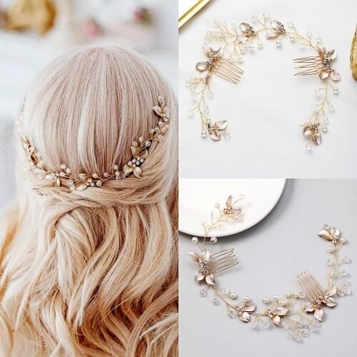 Bridal Wedding Crystal Bride Hair Accessories Pearl Flower Headband Handmade Gold Hairband Beads Decoration Hair Comb For Women