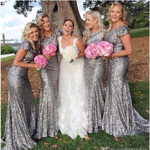 Plus Size silver Shining Sequin Bridesmaid Dresses Sexy Backless Long Wedding Party Gowns Simple Maid of Honor Dress