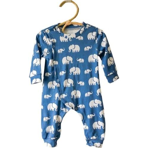 Infant Boy Long Sleeve Blue Romper Lovely Elephant Printed One-Piece Kids Boy Long Pants Jumpsuit Onesies Spring Autumn Outfit