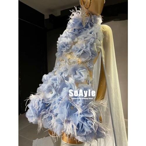 SoAyle Sky Blue Evening Dress Detachable Bib 3D Feather Lace Flower Luxury Beaded Cocktail Gown Model Catwalk Evening Dress