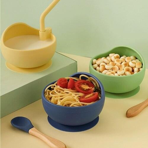 Baby Silicone Dinner Plate Sucker Bowl with Straw Spoon Set Anti Slip Suction Dish Training Feeding Tableware for Toddler Infant
