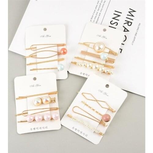 4pcs Korea Fashion Women Metal Hairpins Imitation Pearl Colorful Beads Hair Clips Irregular Geometric Hair Styling Accessories
