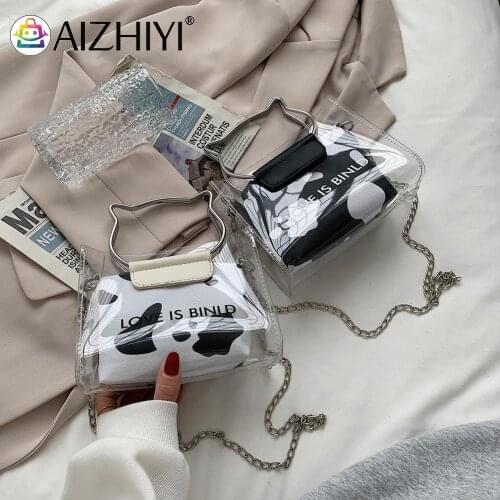 Vintage Women Composite Bags Transparent Top-handle Chain Shoulder Crossbody Bag Ladies PU Leather Cow Pattern Printing Purse