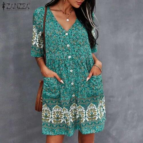 Women Bohemian Printed Sundress ZANZEA V Neck Mini Dress 2021 Summer Short Sleeve Floral Kaftan Ladies Holiday Button Vestidos