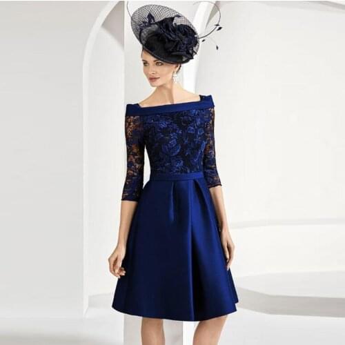 Delicate Royal Blue A Line Short Lace Boat Neck Mother Dresses Three Quarter Sleeves Mother of the Groom Gowns Knee Length