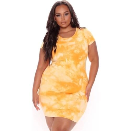 2021 Womens Summer Plus Size Dress Casual Dye Printing Plus Size Womens Dyeing Small Pit Striped Round Neck Tie-dye Dress New