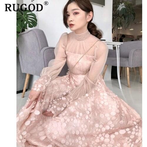 RUGOD Floral Print Mesh Patchwork See through Elegant Women Dress Fairy Style Charming Vintage Party Dress Modis Femme Vestido