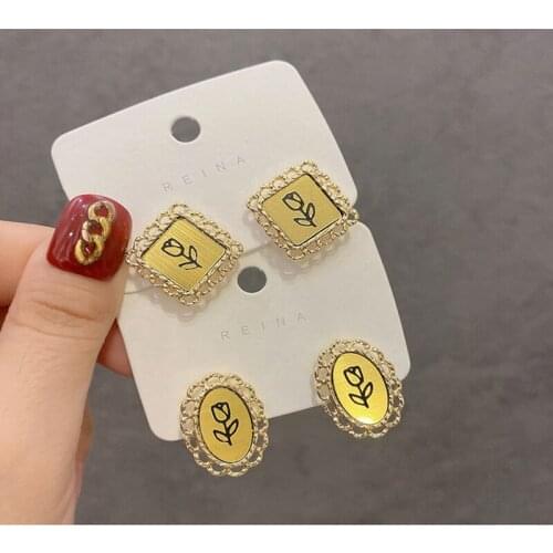 Golden Hand-painted Flower Square Earrings Black Flower Oval Earrings Pattern Earrings for Women To Send Girlfriends