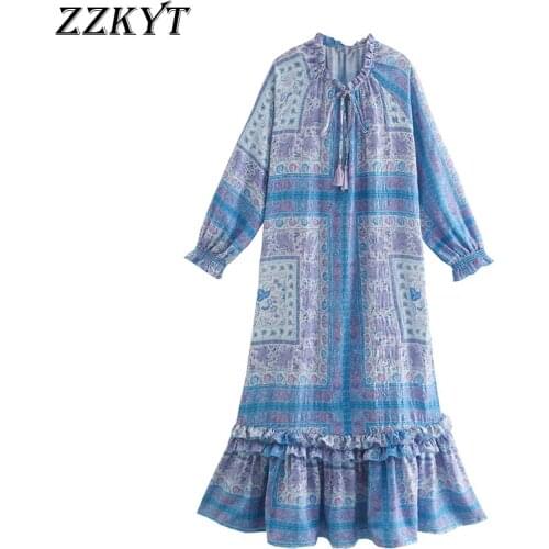ZZKYT 2021 Women Spring Fashion Floral Print Bow Tie Midi Dress Vintage O-Neck Long Sleeve Ruffles Female Party Dresses Vestidos
