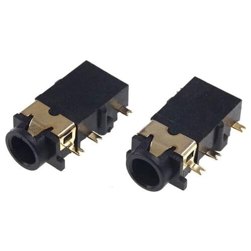 1000pcs Phone Jack 3.5mm 6 pin stereo socket for 4 pole audio plug SMT mid-mount PCB reflow solderable right angle DC30V 0.5A