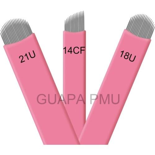 20PCS Pink Nano Microblading Needles 0.15mm Extremly Thin Eyebrow Microblading Blade 18U Curved Needle with Gamma Ray Sterilized